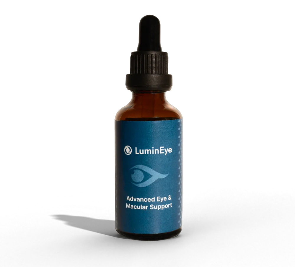 Frasco gotero de LuminEye Nano-Drop sobre fondo crema