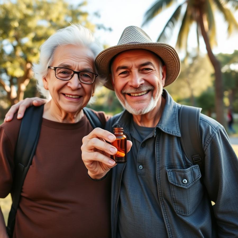 Pareja adulta en Guayaquil mostrando su frasco de LuminEye